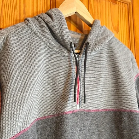 Prana Smith Hoodie Gray Fleece Quarter-Zip Pullover with Pink Trim - Picture 3 of 6